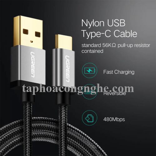 Ugreen 30879 0.5M 3A Màu Đen Cáp USB TypeC sang USB 2.0 Hỗ trợ sạc nhanh dây bên Nylon US174 30030879